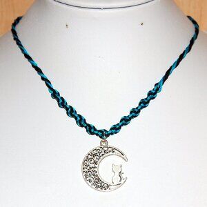 Moon and Cat Necklace,Braided Cord,Colorful Necklace,Bicolor Cord Necklace